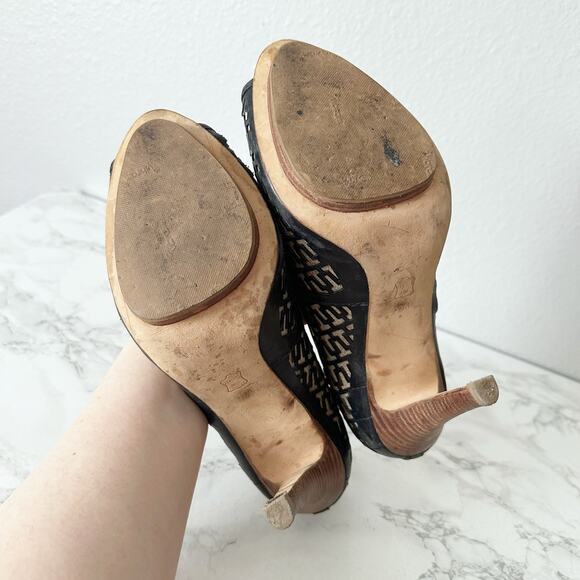 Tory Burch Regan Signature Logo Wood Platform Peep Toe Heels Women’s Size 11 - Picture 11 of 14